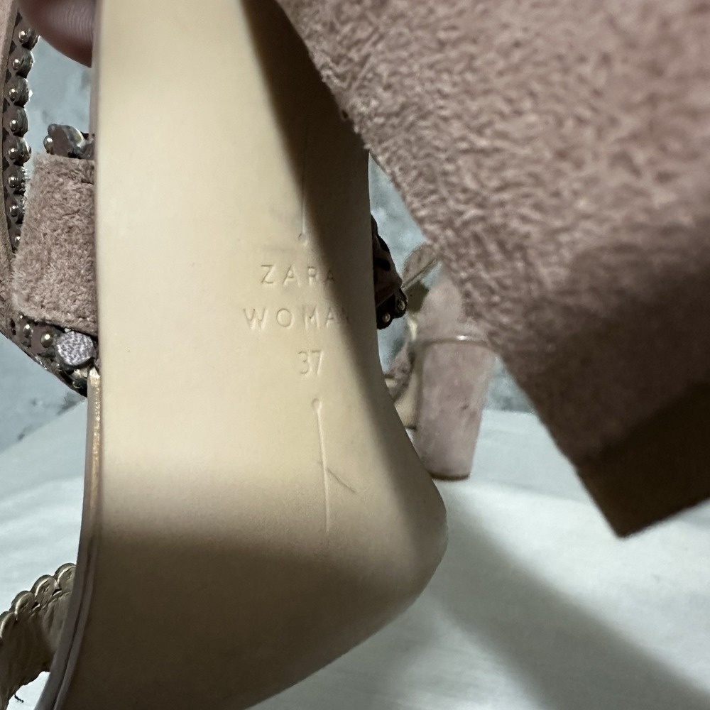 Zara Woman Suede Laser Cut Block Heel Open Toe Sandals Size US 6.5 / EU 37 pink - Picture 7 of 8